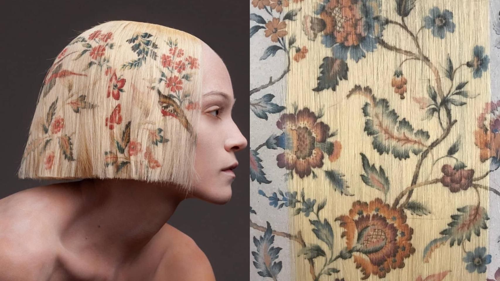 Перукар друкує квіткові мотиви просто на волоссі Перукар друкує квіткові мотиви просто на волоссі