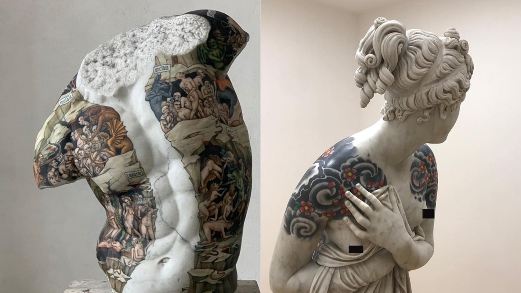 Мастер делает тату мраморным скульптурам