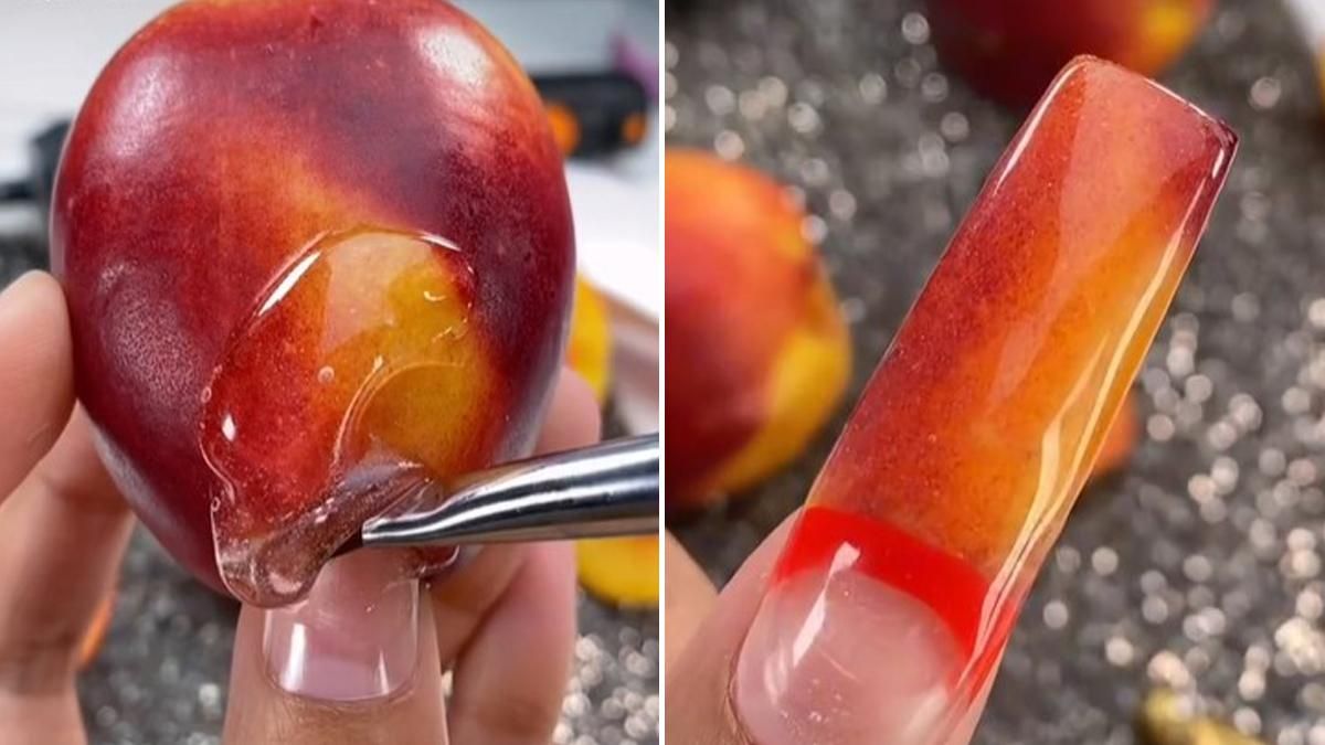 Девушка делает странный маникюр: здесь и нектарин, и зарядка, и даже зубная щетка Девушка делает странный маникюр: здесь и нектарин, и зарядка, и даже зубная щетка