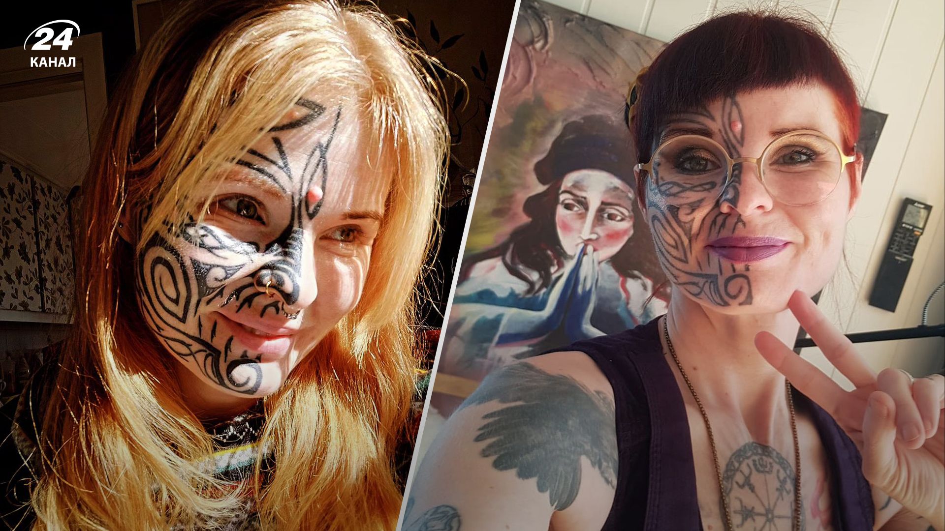 Женщина сделала на лице тату викинга Женщина сделала на лице тату викинга